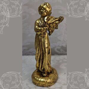 Vintage Gold Angel Figurine Playing Violin Chalkware Berkeley House Italy 5”